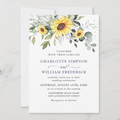 Elegant Sunflowers Eucalyptus Wedding All In One Invitation