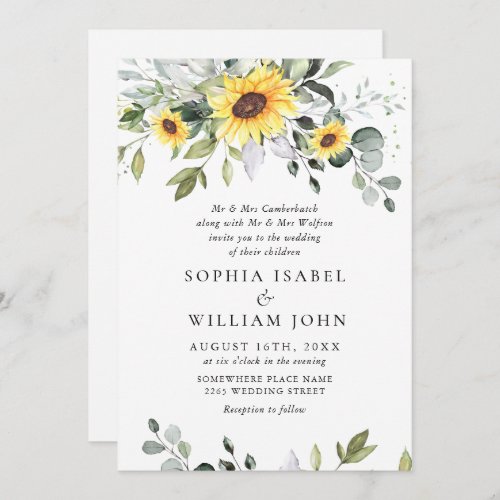 Elegant Sunflowers Eucalyptus Wedding All In One Invitation