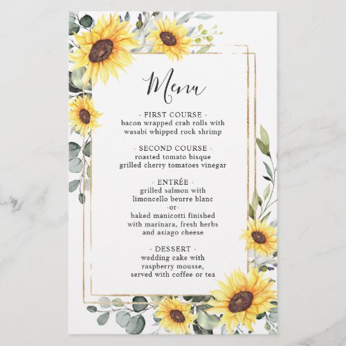 Elegant Sunflowers Eucalyptus Wedding Dinner Menu