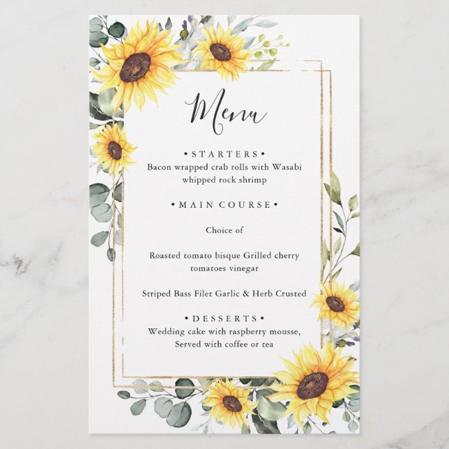 Elegant Sunflowers Eucalyptus Wedding Dinner Menu (Front)