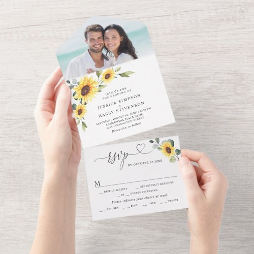 Elegant Sunflowers Eucalyptus Wedding Photo All In One Invitation