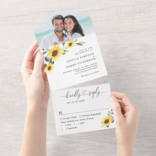 Elegant Sunflowers Eucalyptus Wedding Photo All In One Invitation