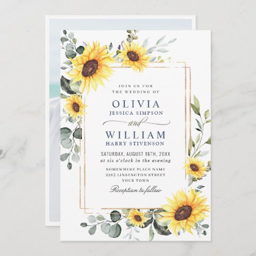 Elegant Sunflowers Eucalyptus Wedding Photo Invitation