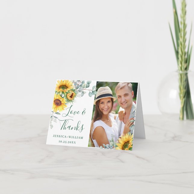 Elegant Sunflowers Eucalyptus Wedding PHOTO Thank You Card (Front)