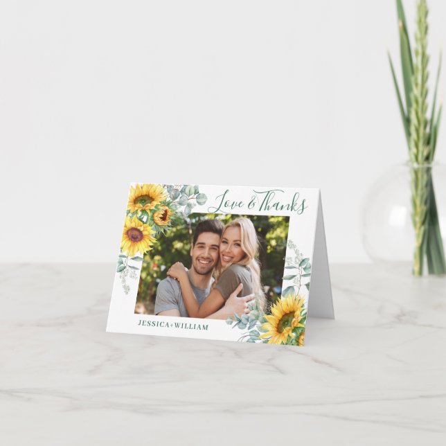 Elegant Sunflowers Eucalyptus Wedding PHOTO Thank You Card (Front)