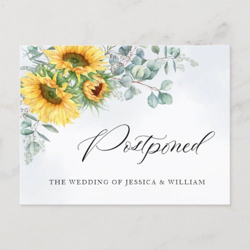 Elegant Sunflowers Eucalyptus Wedding Postponed Postcard