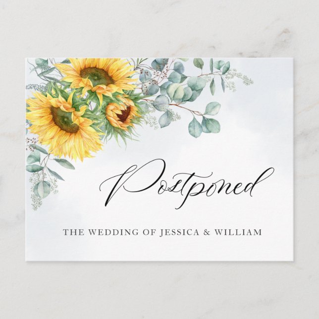 Elegant Sunflowers Eucalyptus Wedding Postponed Postcard (Front)