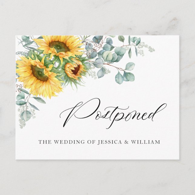 Elegant Sunflowers Eucalyptus Wedding Postponed Postcard (Front)
