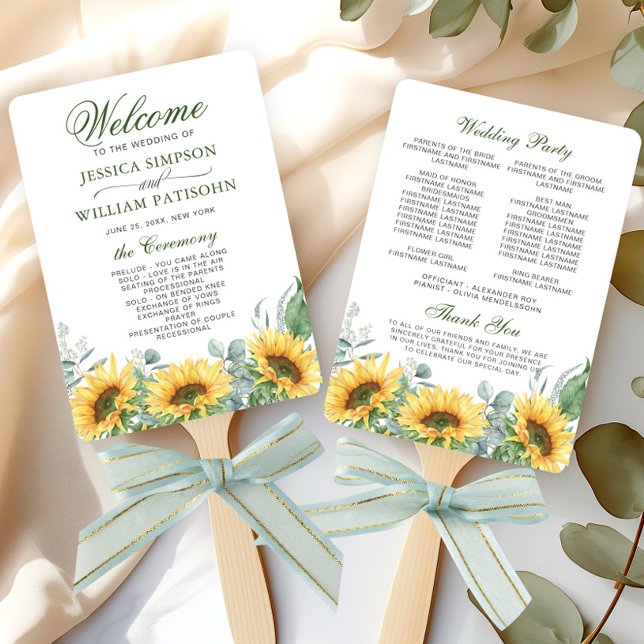 Elegant Sunflowers Eucalyptus Wedding Program Hand Fan (Creator Uploaded)