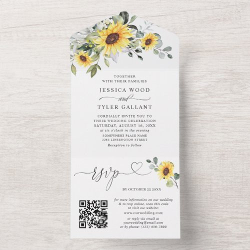 Elegant Sunflowers Eucalyptus Wedding QR code All In One Invitation