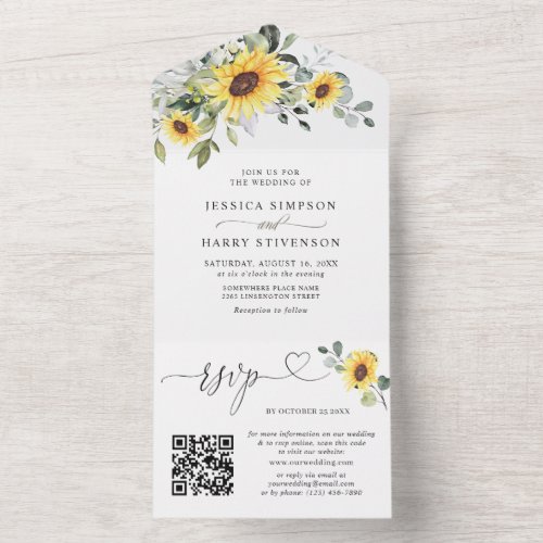 Elegant Sunflowers Eucalyptus Wedding QR code All In One Invitation