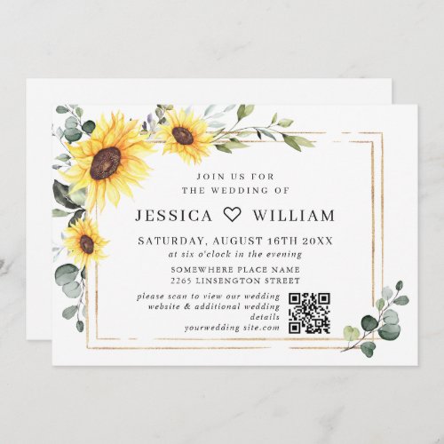 Elegant Sunflowers Eucalyptus Wedding QR Code Invitation