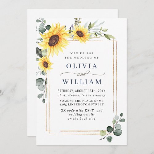 Elegant Sunflowers Eucalyptus Wedding QR Code RSVP Invitation