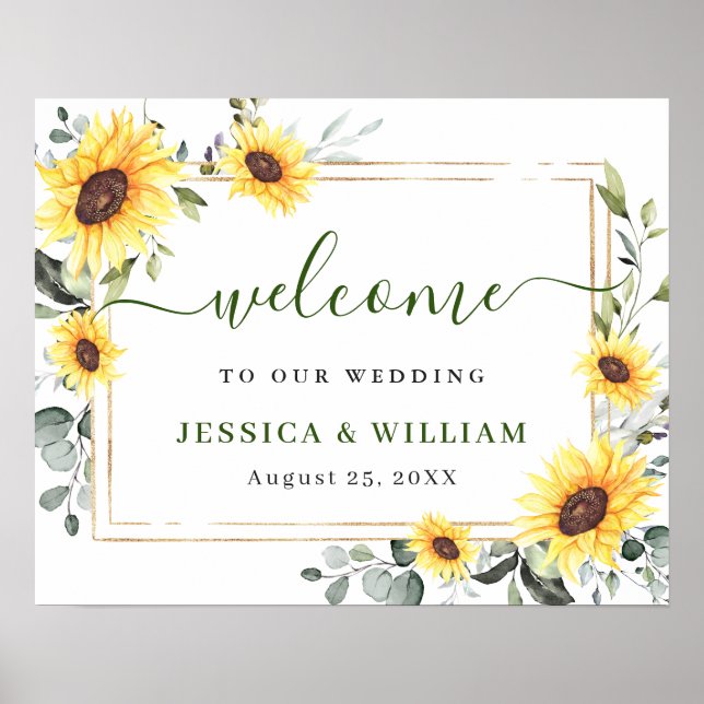 Elegant Sunflowers Eucalyptus Wedding Welcome Sign (Front)