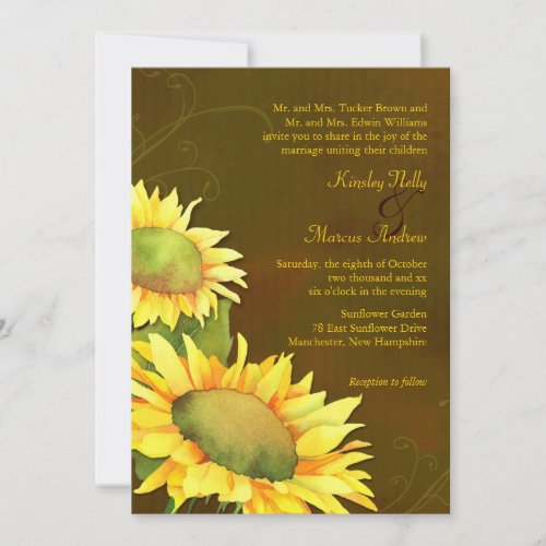 Yellow &amp; Rustic Brown Classy Sunflowers Wedding Custom Announcements