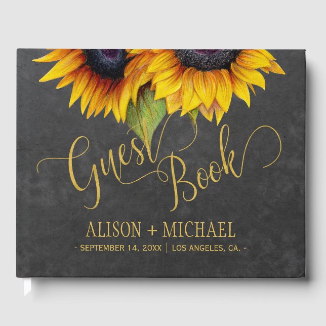 Elegant sunflowers fall typography script wedding guest book (Front)