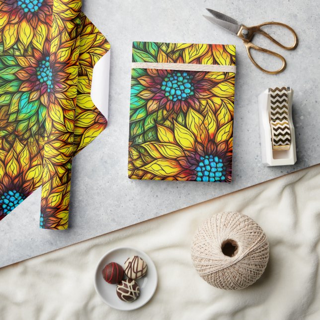 Elegant Sunflowers Faux Stained Glass Pattern Wrapping Paper (Crafts)
