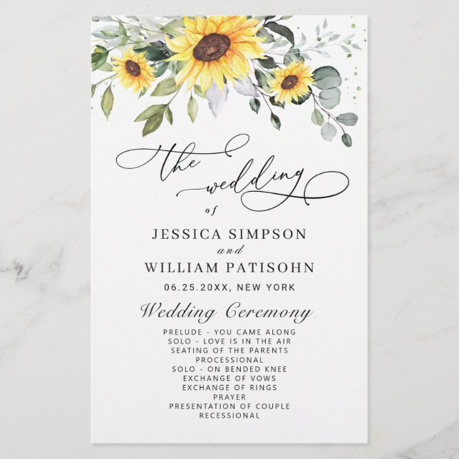 Elegant Sunflowers Floral Wedding Ceremony Program (Front)