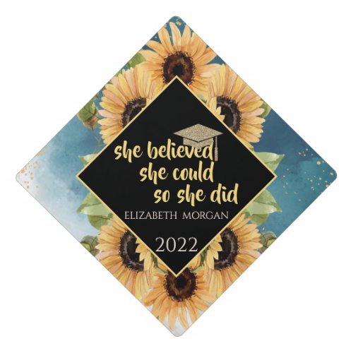 Elegant Sunflowers Glitter Graduate Cap
