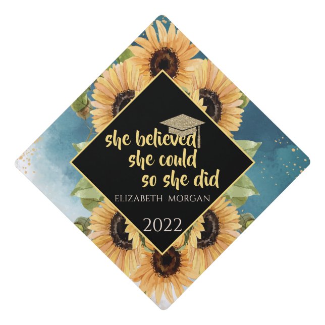 Elegant Sunflowers Glitter Graduate Cap (Front)
