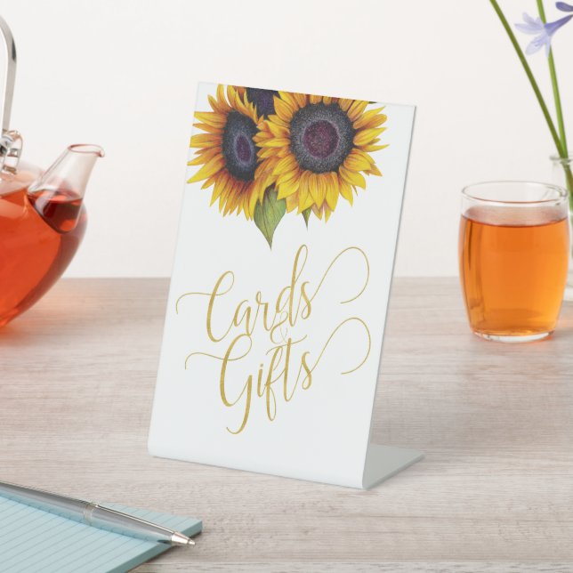 Elegant sunflowers gold typography cards and gifts pedestal sign (In SItu)