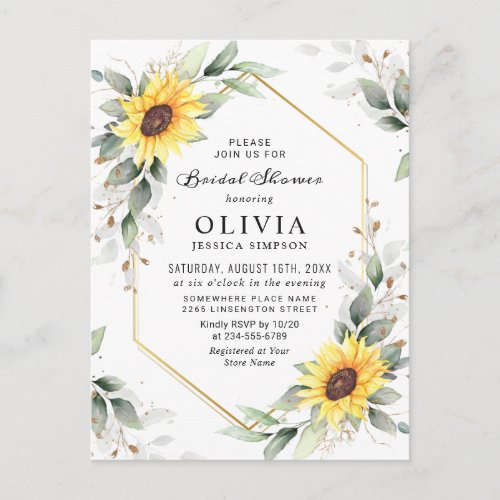 Elegant Sunflowers Golden Greenery Bridal Shower Postcard