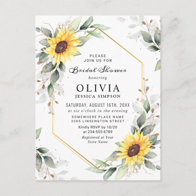 Elegant Sunflowers Golden Greenery Bridal Shower Postcard (Front)