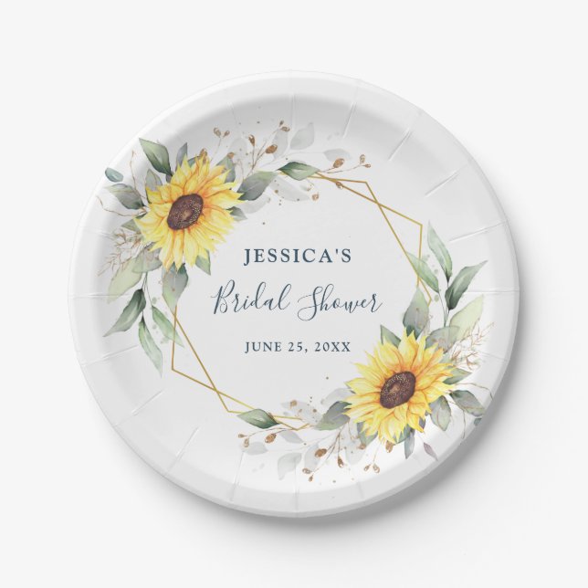 Elegant Sunflowers Greenery Floral Bridal Shower Paper Plates (Front)