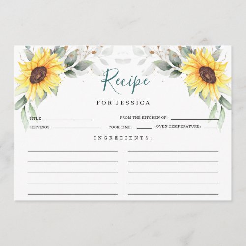 Elegant Sunflowers Greenery Floral Recipe Card