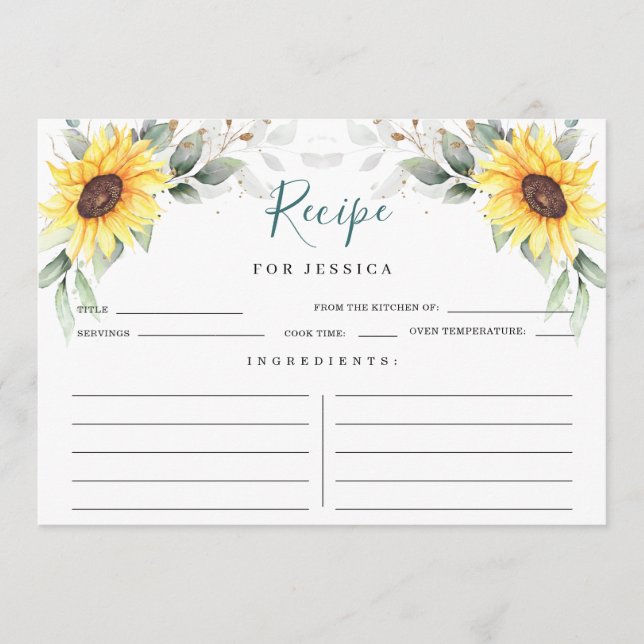 Elegant Sunflowers Greenery Floral Recipe Card (Front)