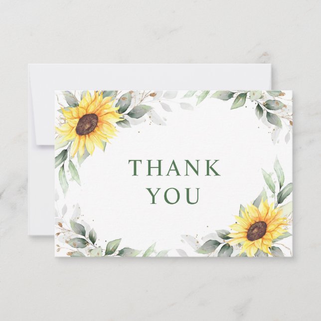 Elegant Sunflowers Greenery Floral Thank You Card (Front)