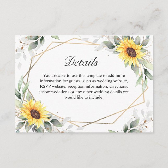 Elegant Sunflowers Greenery Floral Wedding Details Enclosure Card (Front)