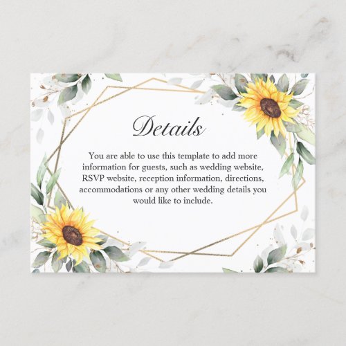 Elegant Sunflowers Greenery Floral Wedding Details Enclosure Card