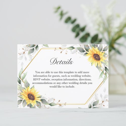 Elegant Sunflowers Greenery Floral Wedding Details Enclosure Card