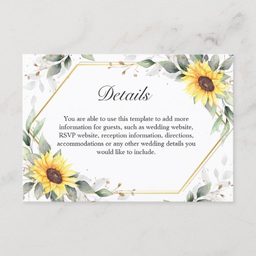 Elegant Sunflowers Greenery Floral Wedding Details Enclosure Card