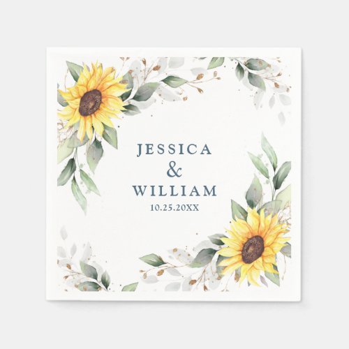 Elegant Sunflowers Greenery Floral Wedding Paper Napkins