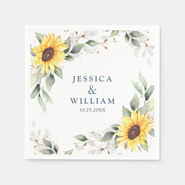 Elegant Sunflowers Greenery Floral Wedding Paper Napkins (Front)