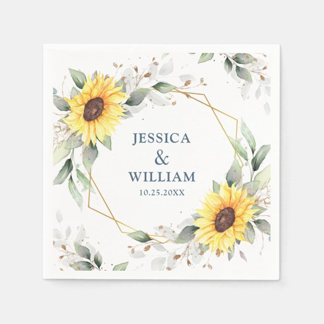 Elegant Sunflowers Greenery Floral Wedding Paper Napkins (Front)