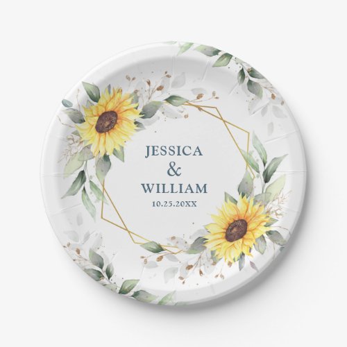 Elegant Sunflowers Greenery Floral Wedding Paper Plates