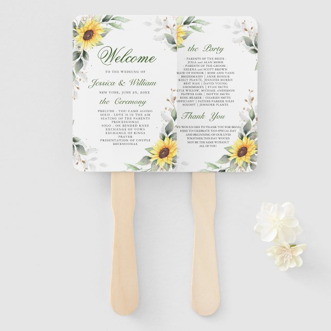 Elegant Sunflowers Greenery Floral Wedding Program Hand Fan (Front and Back)