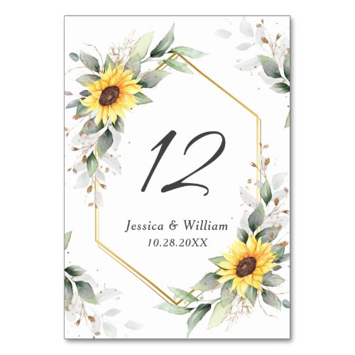 Elegant Sunflowers Greenery Floral Wedding Table Number