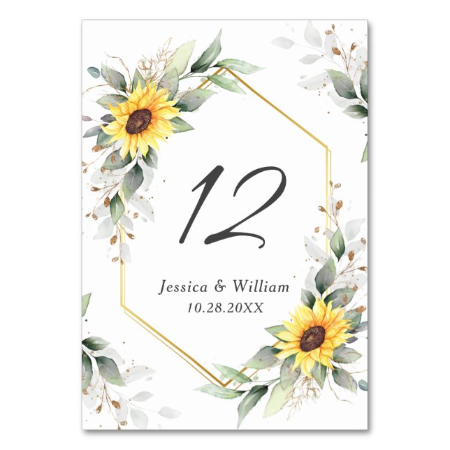 Elegant Sunflowers Greenery Floral Wedding Table Number (Front)