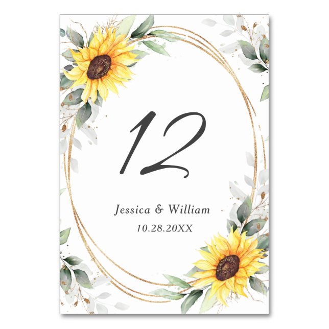 Elegant Sunflowers Greenery Floral Wedding Table Number (Front)
