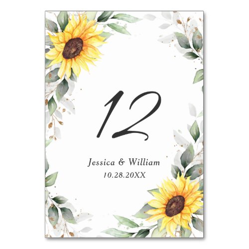 Elegant Sunflowers Greenery Floral Wedding Table Number