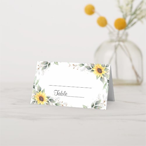 Elegant Sunflowers Greenery Floral Wedding Table Place Card