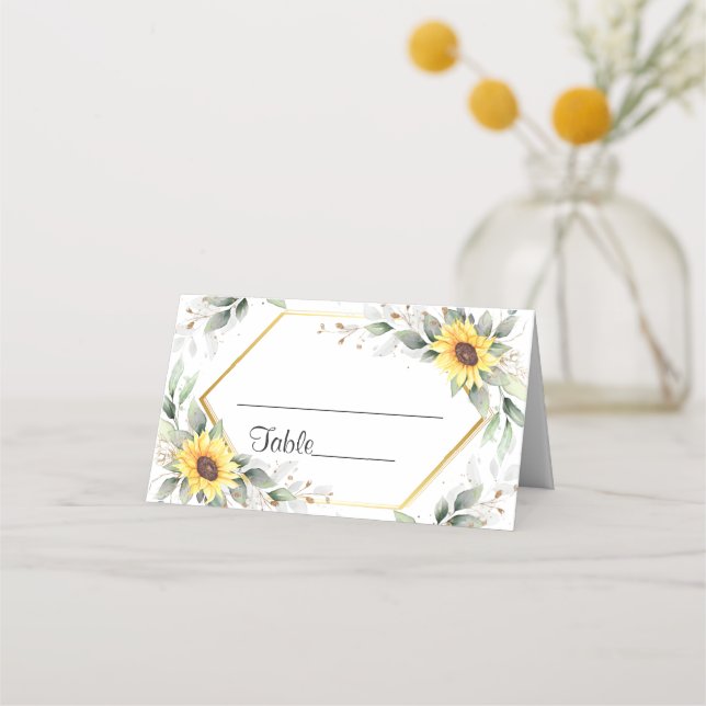 Elegant Sunflowers Greenery Floral Wedding Table Place Card (Front)