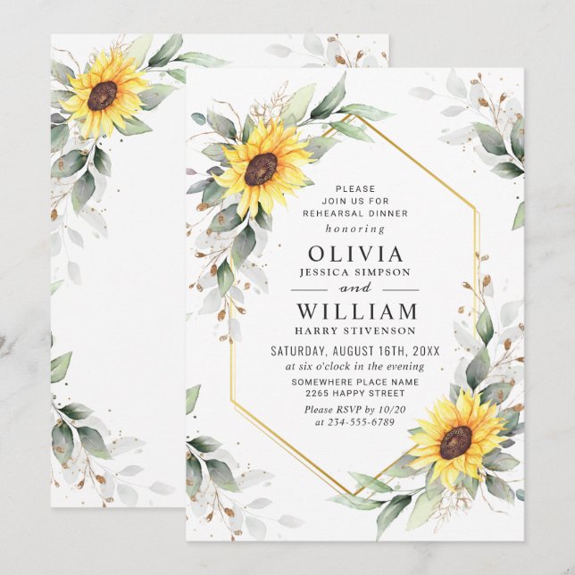 Elegant Sunflowers Greenery Rehearsal Dinner Invitation (Front/Back)