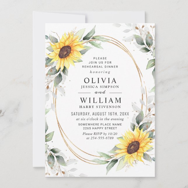 Elegant Sunflowers Greenery Rehearsal Dinner Invitation (Front)