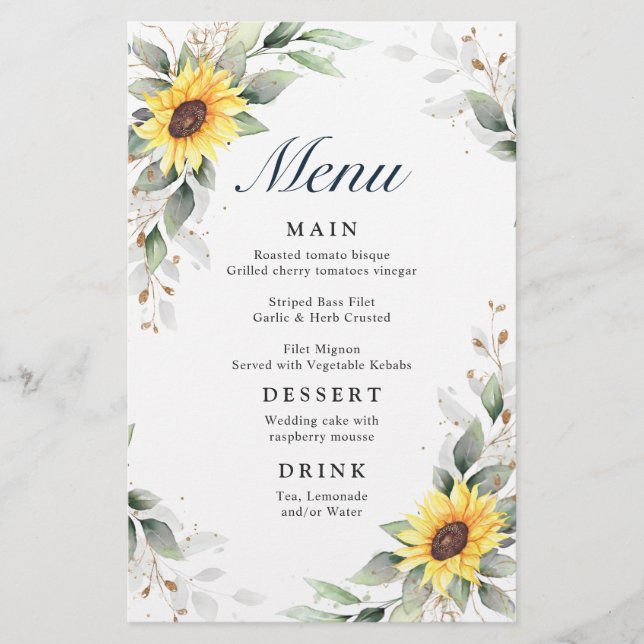 Elegant Sunflowers Greenery Wedding Dinner Menu (Front)