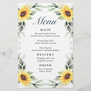 Elegant Sunflowers Greenery Wedding Dinner Menu